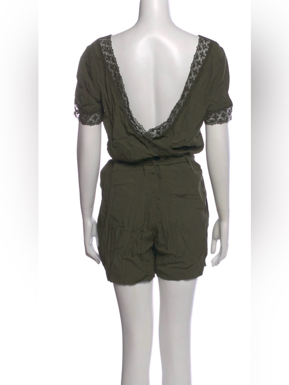 Sezane Olive Green Lace-Trim Short Sleeve Romper